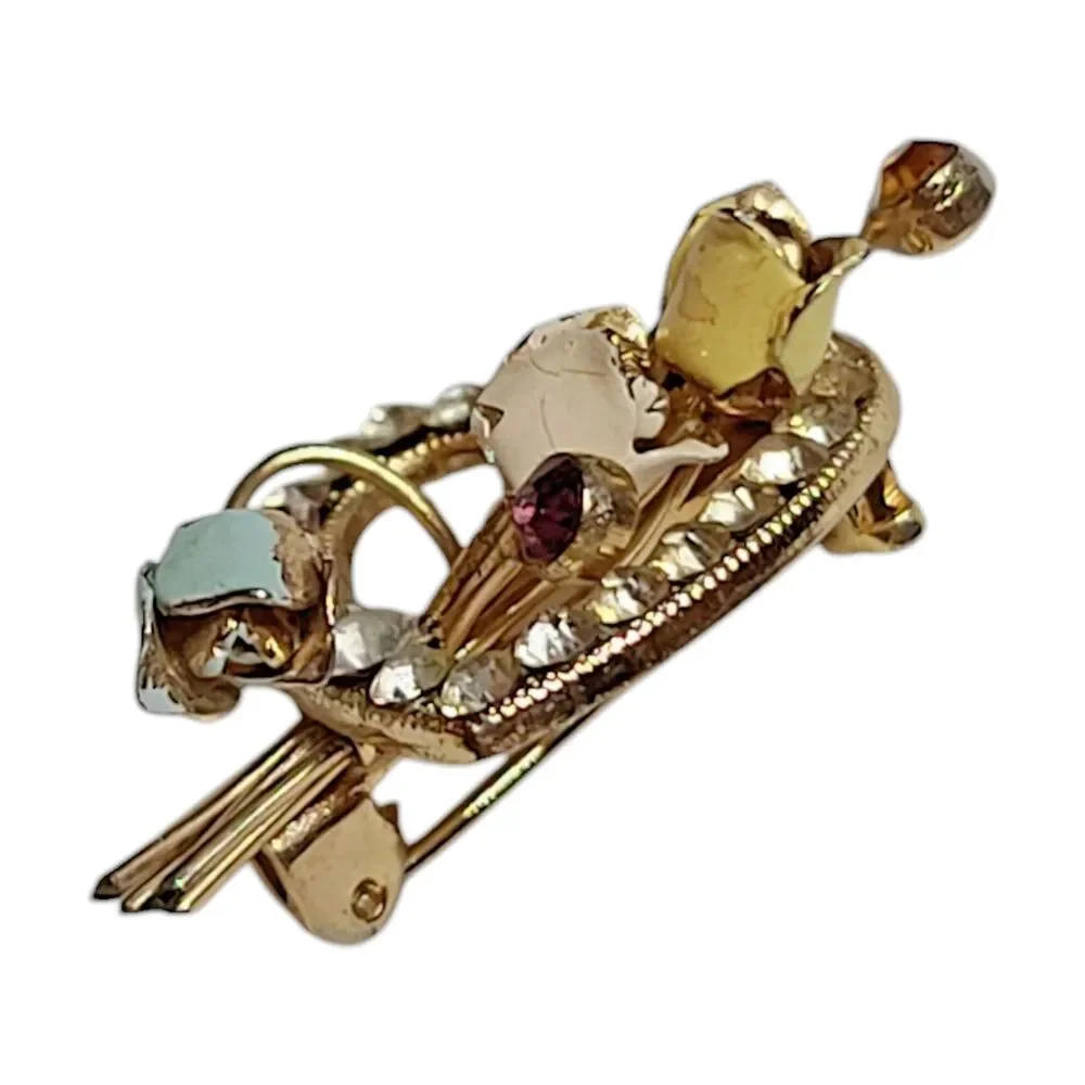 Vintage Gold Tone Rhinestones Faux Pearl Enamel Flower Bouquet Heart Brooch Pin